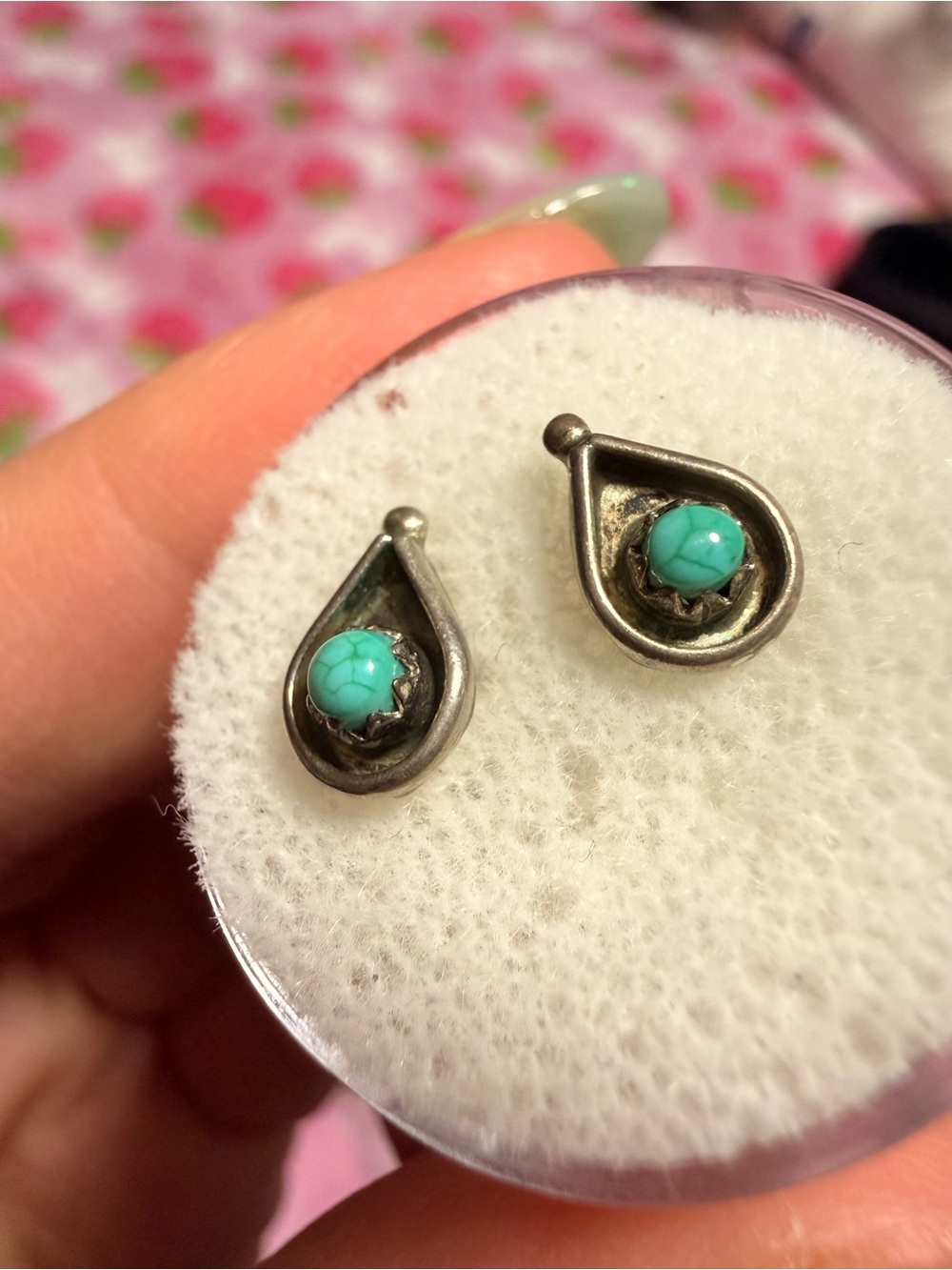 Vintage Southwestern Teardrop Shadow Box Turquoise Stud Earrings Sterling Silver - Picture 4 of 8